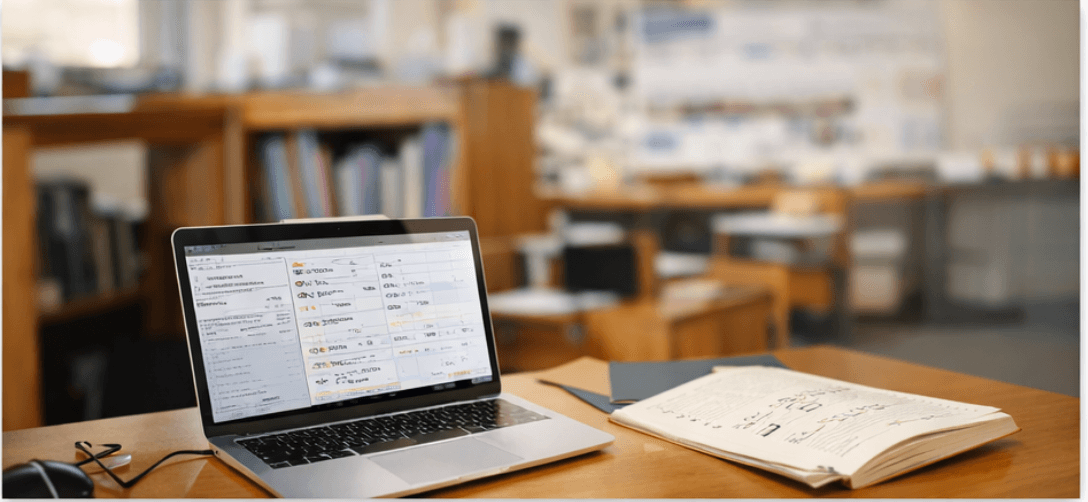 Laptop with notes and practice